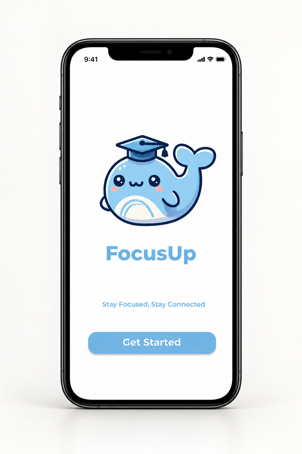 FocusUp welcome screen on a phone with a blue whale mascot