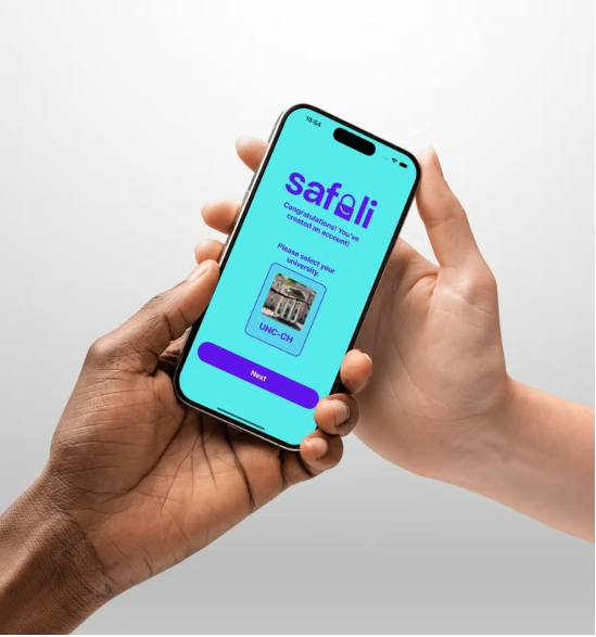 Safeli Shop campus selection screen on a phone held in two hands